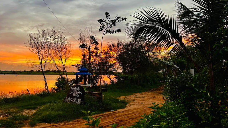Beautiful sunset over a calm lake with a rural road and trees creating a peaceful evening landscape.